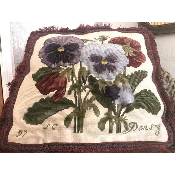 Vintage Elizabeth Bradley PANSY Needlepoint Pillow Victorian Cross Stitch 1997 - Picture 4 of 5